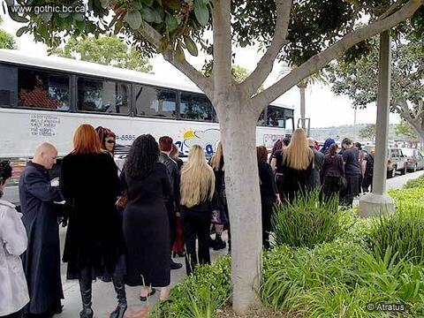 Lining up for the alt.goth.fashion shopping trip bus.