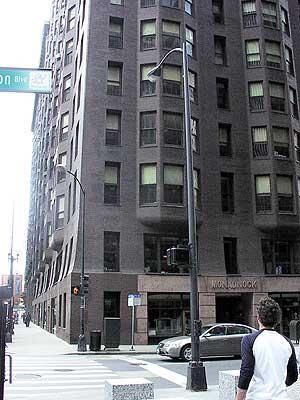 The Monadnock Building. The world's tallest pure masonry (i.e. no steel reinforcement) building - sixteen stories high. In order for the lower part of the walls to bear the weight of all the bricks above they are almost two metres thick.