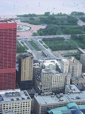 A closer view of the hotel as seen from the Sears Tower (right centre).