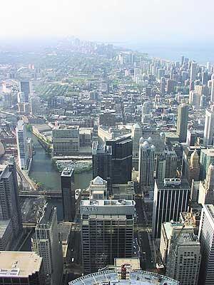 Downtown, facing north toward the Metro with the Chicago River in the foreground.